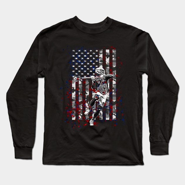 Lacrosse Camo American Flag Patriotic LAX 4th of July Gifts Long Sleeve T-Shirt by TeeCreations
